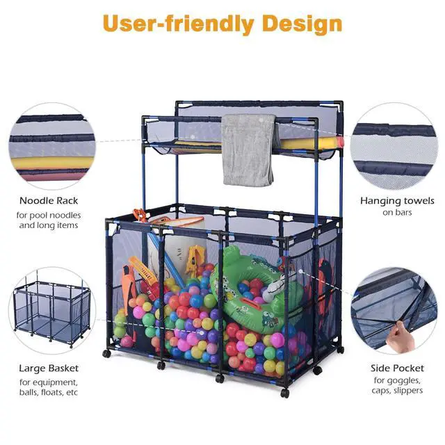 Alt view image 6 of 6 - 225 Gallon Pool Float Storage Bin Basket with Top Rack for Toy Raft Noodles Outdoor Double Tiers 49"x31"x61" Metal Frame 10 Wheels Mesh Rolling Organizer Cart Blue