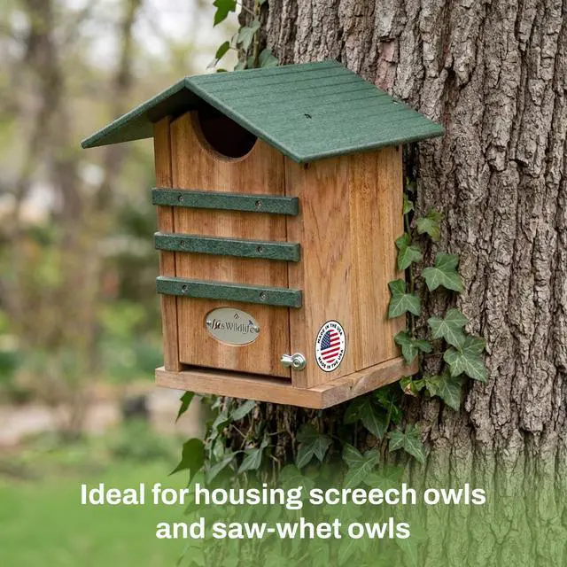 Alt view image 2 of 6 - Screech Owl House Cedar Nesting Box with Poly Lumber Roof, Saw-Whet Owl Box for Outside, Drainage Ventilation, Easy Cleanout, Made in USA, Green