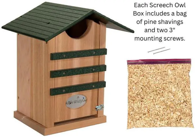 Alt view image 3 of 6 - Screech Owl House Cedar Nesting Box with Poly Lumber Roof, Saw-Whet Owl Box for Outside, Drainage Ventilation, Easy Cleanout, Made in USA, Green