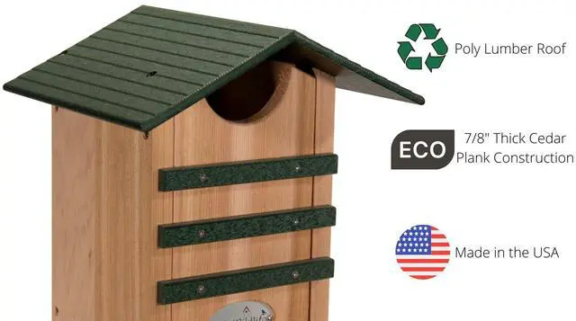 Alt view image 4 of 6 - Screech Owl House Cedar Nesting Box with Poly Lumber Roof, Saw-Whet Owl Box for Outside, Drainage Ventilation, Easy Cleanout, Made in USA, Green