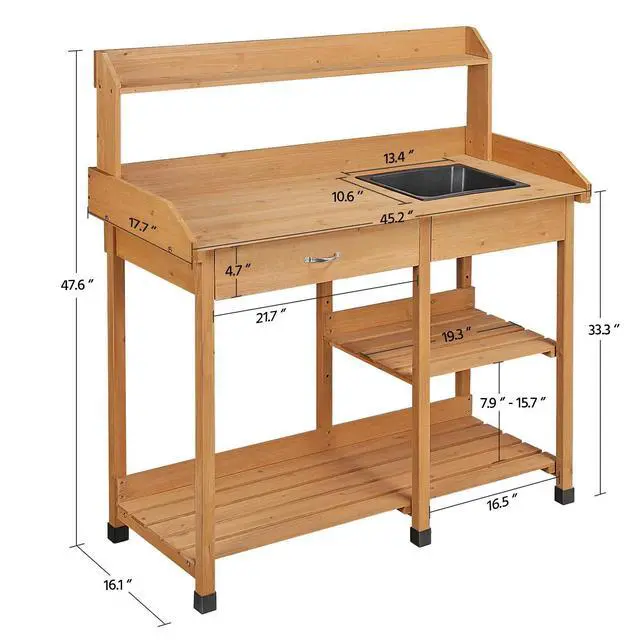 Alt view image 2 of 6 - 45.2x17.7x47.6'' (LxWxH) Potting Benches Outdoor Garden Potting Table Work Bench with Removable Sink Drawer Rack Shelves Work Station, Wood