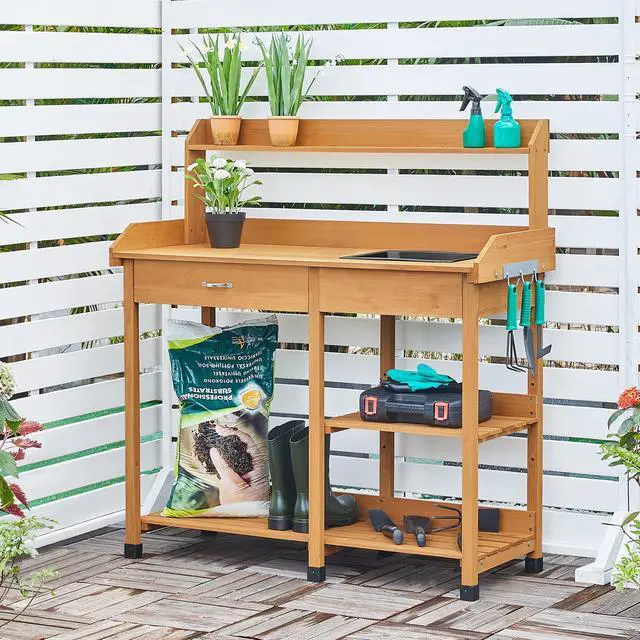 Alt view image 3 of 6 - 45.2x17.7x47.6'' (LxWxH) Potting Benches Outdoor Garden Potting Table Work Bench with Removable Sink Drawer Rack Shelves Work Station, Wood