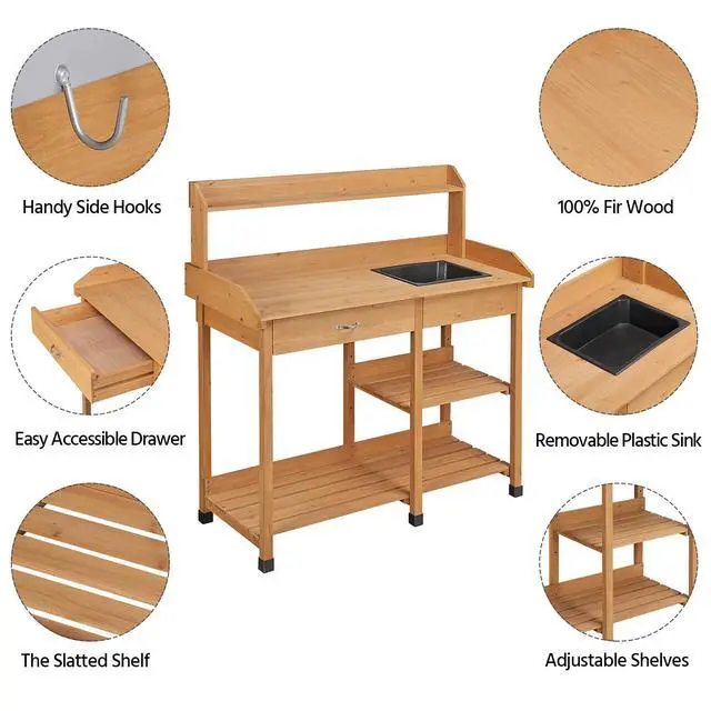 Alt view image 4 of 6 - 45.2x17.7x47.6'' (LxWxH) Potting Benches Outdoor Garden Potting Table Work Bench with Removable Sink Drawer Rack Shelves Work Station, Wood