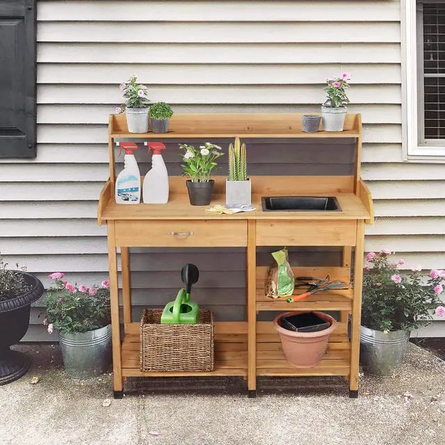 Alt view image 5 of 6 - 45.2x17.7x47.6'' (LxWxH) Potting Benches Outdoor Garden Potting Table Work Bench with Removable Sink Drawer Rack Shelves Work Station, Wood