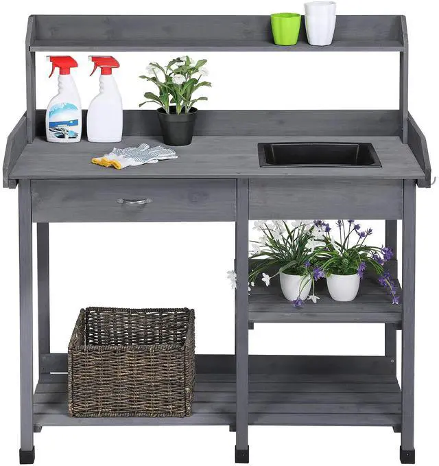 Main image of 45.2x17.7x47.6'' (LxWxH) Potting Benches Outdoor Garden Potting Table Work Bench with Removable Sink Drawer Rack Shelves Work Station, Gray