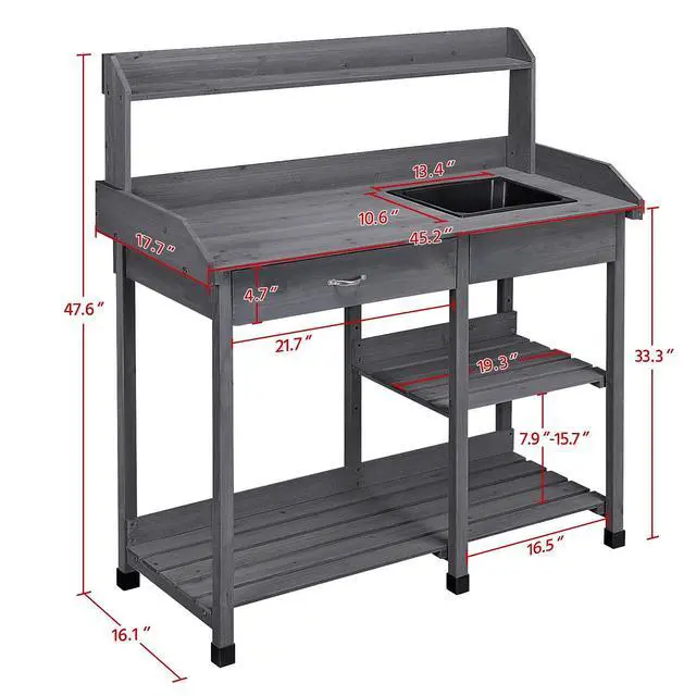 Alt view image 2 of 6 - 45.2x17.7x47.6'' (LxWxH) Potting Benches Outdoor Garden Potting Table Work Bench with Removable Sink Drawer Rack Shelves Work Station, Gray