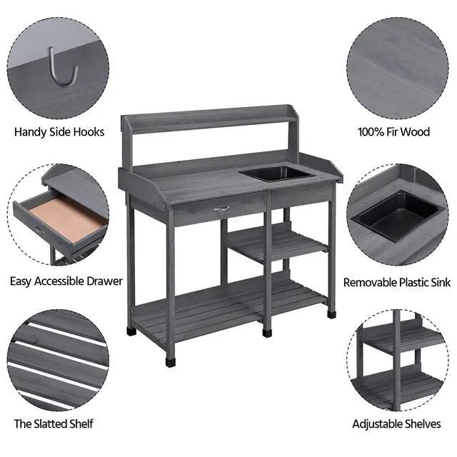 Alt view image 3 of 6 - 45.2x17.7x47.6'' (LxWxH) Potting Benches Outdoor Garden Potting Table Work Bench with Removable Sink Drawer Rack Shelves Work Station, Gray
