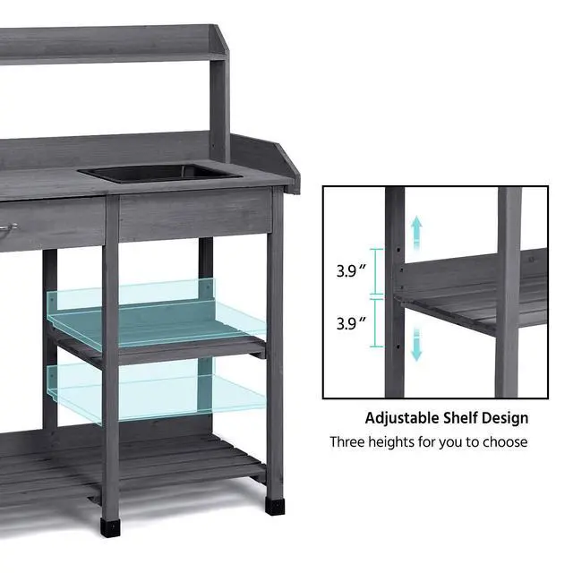 Alt view image 4 of 6 - 45.2x17.7x47.6'' (LxWxH) Potting Benches Outdoor Garden Potting Table Work Bench with Removable Sink Drawer Rack Shelves Work Station, Gray