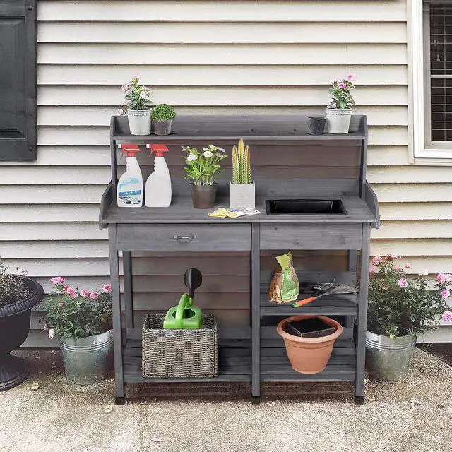 Alt view image 6 of 6 - 45.2x17.7x47.6'' (LxWxH) Potting Benches Outdoor Garden Potting Table Work Bench with Removable Sink Drawer Rack Shelves Work Station, Gray