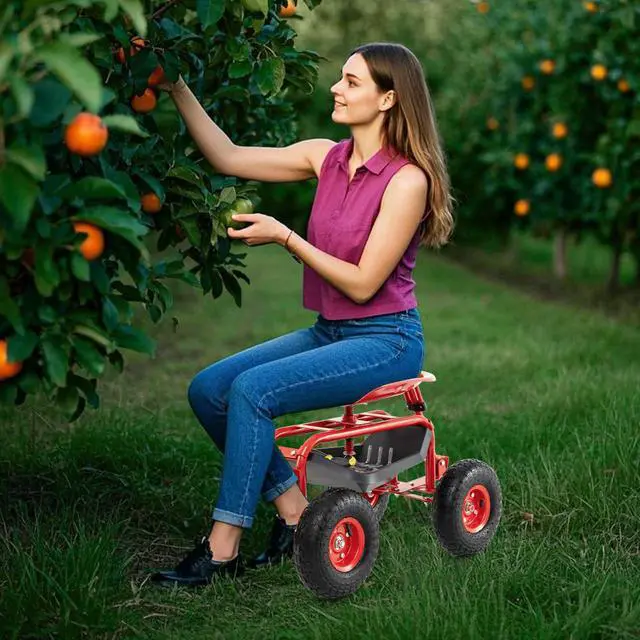 Alt view image 2 of 6 - Rolling Garden Cart with Seat, Outdoor Garden Stool with Wheels, Tool Tray & Basket, Adjustable Steering Handle, 360 Degree Swivel Seat for Planting, Gardening Scooter for Lawn, Yard, Patio