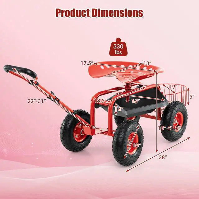 Alt view image 3 of 6 - Rolling Garden Cart with Seat, Outdoor Garden Stool with Wheels, Tool Tray & Basket, Adjustable Steering Handle, 360 Degree Swivel Seat for Planting, Gardening Scooter for Lawn, Yard, Patio