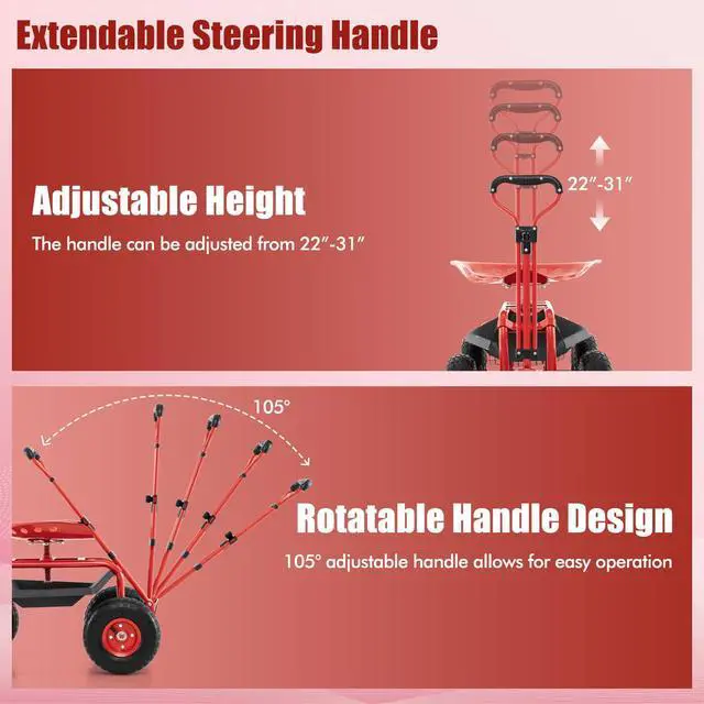 Alt view image 4 of 6 - Rolling Garden Cart with Seat, Outdoor Garden Stool with Wheels, Tool Tray & Basket, Adjustable Steering Handle, 360 Degree Swivel Seat for Planting, Gardening Scooter for Lawn, Yard, Patio