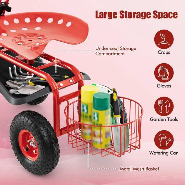 Alt view image 5 of 6 - Rolling Garden Cart with Seat, Outdoor Garden Stool with Wheels, Tool Tray & Basket, Adjustable Steering Handle, 360 Degree Swivel Seat for Planting, Gardening Scooter for Lawn, Yard, Patio