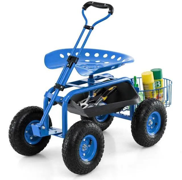 Main image of Rolling Garden Cart with Seat, Outdoor Garden Stool with Wheels, Tool Tray & Basket, Adjustable Steering Handle, 360 Degree Swivel Seat for Planting, Gardening Scooter for Lawn, Yard, Patio