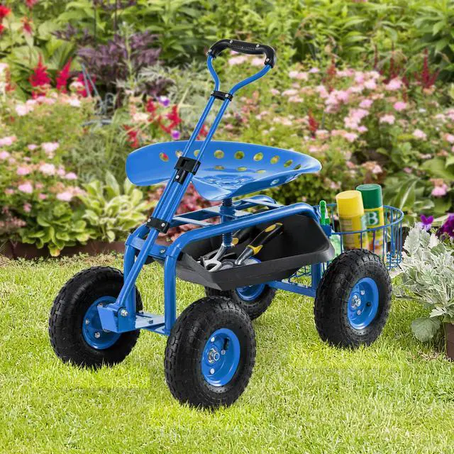 Alt view image 2 of 6 - Rolling Garden Cart with Seat, Outdoor Garden Stool with Wheels, Tool Tray & Basket, Adjustable Steering Handle, 360 Degree Swivel Seat for Planting, Gardening Scooter for Lawn, Yard, Patio