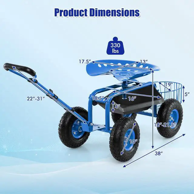 Alt view image 3 of 6 - Rolling Garden Cart with Seat, Outdoor Garden Stool with Wheels, Tool Tray & Basket, Adjustable Steering Handle, 360 Degree Swivel Seat for Planting, Gardening Scooter for Lawn, Yard, Patio