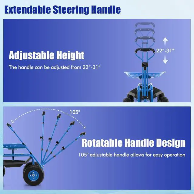 Alt view image 5 of 6 - Rolling Garden Cart with Seat, Outdoor Garden Stool with Wheels, Tool Tray & Basket, Adjustable Steering Handle, 360 Degree Swivel Seat for Planting, Gardening Scooter for Lawn, Yard, Patio
