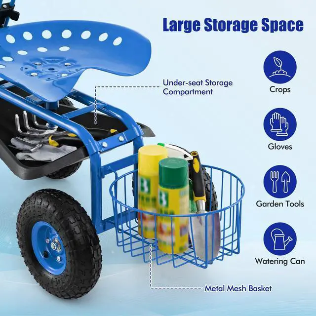 Alt view image 6 of 6 - Rolling Garden Cart with Seat, Outdoor Garden Stool with Wheels, Tool Tray & Basket, Adjustable Steering Handle, 360 Degree Swivel Seat for Planting, Gardening Scooter for Lawn, Yard, Patio