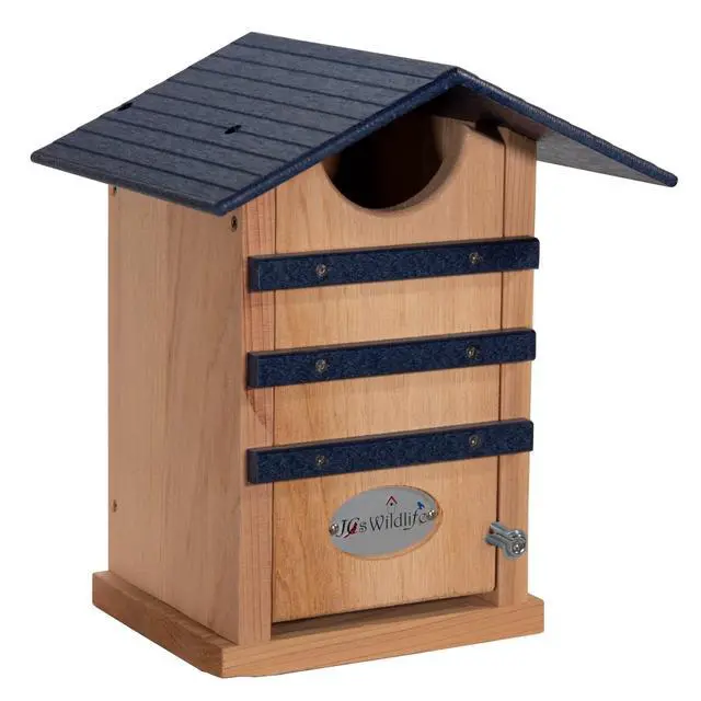 Alt view image 2 of 6 - Screech Owl House Cedar Nesting Box with Poly Lumber Roof, Saw-Whet Owl Box for Outside, Drainage Ventilation, Easy Cleanout, Made in USA, Blue