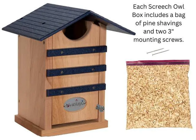 Alt view image 3 of 6 - Screech Owl House Cedar Nesting Box with Poly Lumber Roof, Saw-Whet Owl Box for Outside, Drainage Ventilation, Easy Cleanout, Made in USA, Blue