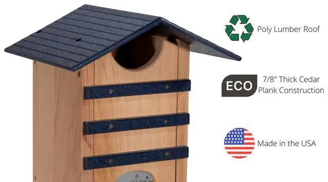 Alt view image 4 of 6 - Screech Owl House Cedar Nesting Box with Poly Lumber Roof, Saw-Whet Owl Box for Outside, Drainage Ventilation, Easy Cleanout, Made in USA, Blue