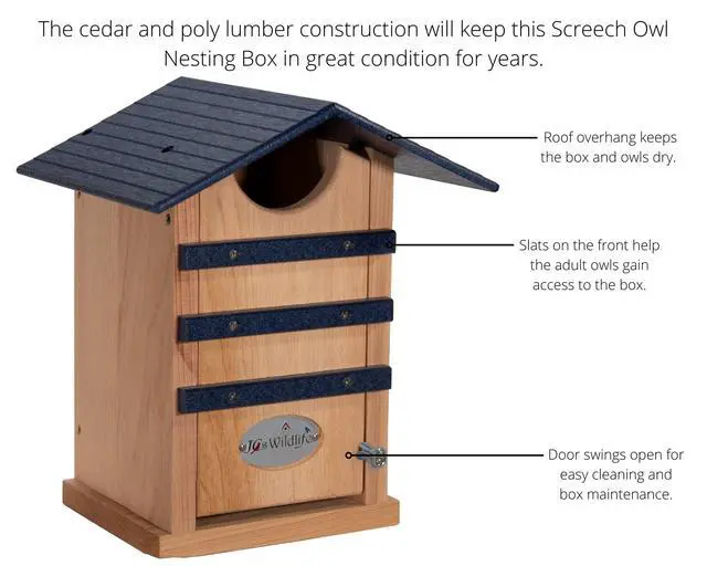 Alt view image 5 of 6 - Screech Owl House Cedar Nesting Box with Poly Lumber Roof, Saw-Whet Owl Box for Outside, Drainage Ventilation, Easy Cleanout, Made in USA, Blue