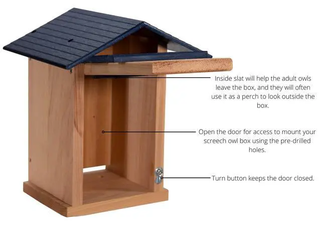 Alt view image 6 of 6 - Screech Owl House Cedar Nesting Box with Poly Lumber Roof, Saw-Whet Owl Box for Outside, Drainage Ventilation, Easy Cleanout, Made in USA, Blue