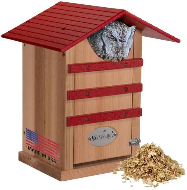 Main image of Screech Owl House Cedar Nesting Box with Poly Lumber Roof, Saw-Whet Owl Box for Outside, Drainage Ventilation, Easy Cleanout, Made in USA, Cardinal Red