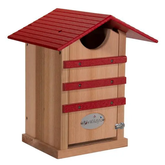 Alt view image 2 of 6 - Screech Owl House Cedar Nesting Box with Poly Lumber Roof, Saw-Whet Owl Box for Outside, Drainage Ventilation, Easy Cleanout, Made in USA, Cardinal Red