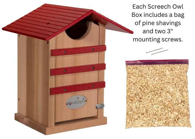 Alt view image 3 of 6 - Screech Owl House Cedar Nesting Box with Poly Lumber Roof, Saw-Whet Owl Box for Outside, Drainage Ventilation, Easy Cleanout, Made in USA, Cardinal Red