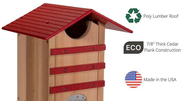 Alt view image 4 of 6 - Screech Owl House Cedar Nesting Box with Poly Lumber Roof, Saw-Whet Owl Box for Outside, Drainage Ventilation, Easy Cleanout, Made in USA, Cardinal Red