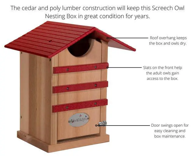 Alt view image 5 of 6 - Screech Owl House Cedar Nesting Box with Poly Lumber Roof, Saw-Whet Owl Box for Outside, Drainage Ventilation, Easy Cleanout, Made in USA, Cardinal Red