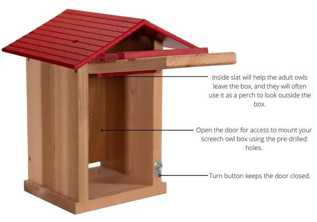 Alt view image 6 of 6 - Screech Owl House Cedar Nesting Box with Poly Lumber Roof, Saw-Whet Owl Box for Outside, Drainage Ventilation, Easy Cleanout, Made in USA, Cardinal Red