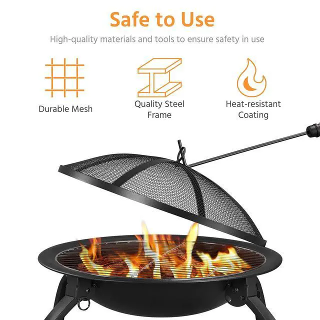 Alt view image 4 of 6 - 21inch Fire Pit Portable Folding Steel Fire Bowl Garden Treasures Fire Pit for Outside Fireplace with Carrying Bag, Spark Screen, BBQ Grill & Log Grate for Patio Backyard Camping Bonfire