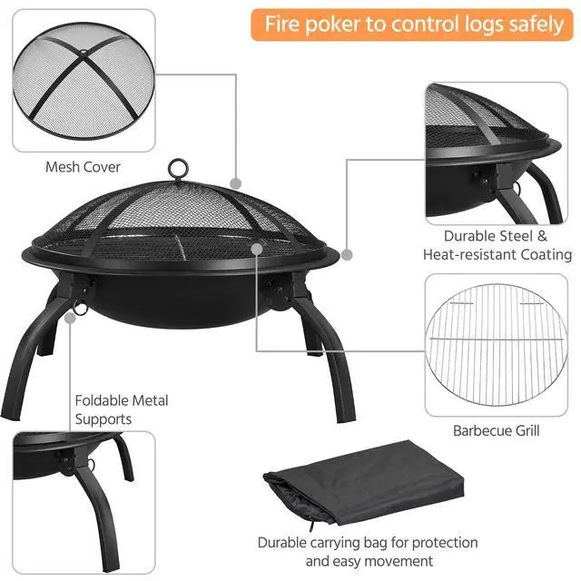 Alt view image 5 of 6 - 21inch Fire Pit Portable Folding Steel Fire Bowl Garden Treasures Fire Pit for Outside Fireplace with Carrying Bag, Spark Screen, BBQ Grill & Log Grate for Patio Backyard Camping Bonfire
