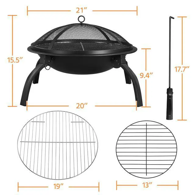 Alt view image 6 of 6 - 21inch Fire Pit Portable Folding Steel Fire Bowl Garden Treasures Fire Pit for Outside Fireplace with Carrying Bag, Spark Screen, BBQ Grill & Log Grate for Patio Backyard Camping Bonfire