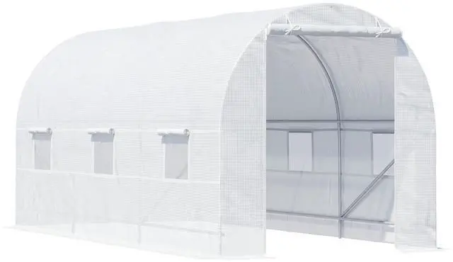Main image of 15' x 7' x 7' Walk-in Tunnel Greenhouse, Large Garden Hot House Kit with 6 Roll-up Windows & Roll Up Door, Steel Frame, White
