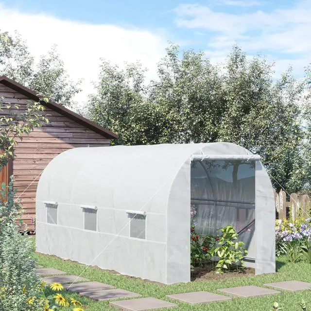 Alt view image 2 of 6 - 15' x 7' x 7' Walk-in Tunnel Greenhouse, Large Garden Hot House Kit with 6 Roll-up Windows & Roll Up Door, Steel Frame, White