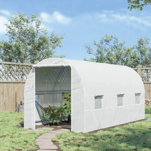 Alt view image 3 of 6 - 15' x 7' x 7' Walk-in Tunnel Greenhouse, Large Garden Hot House Kit with 6 Roll-up Windows & Roll Up Door, Steel Frame, White