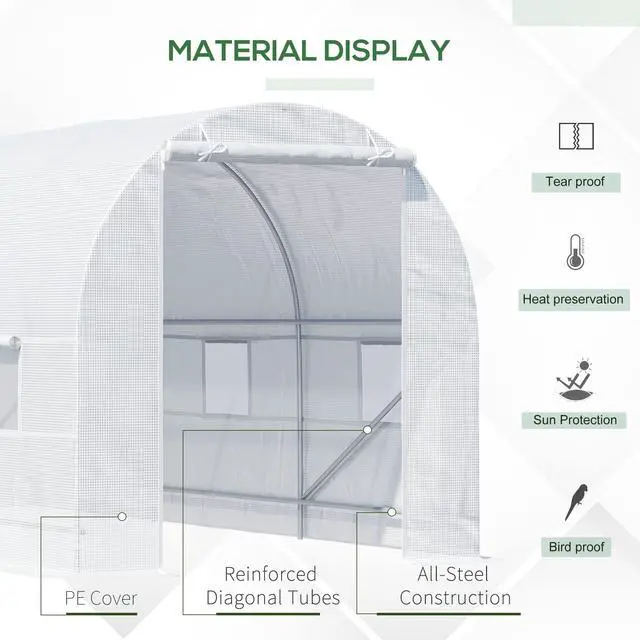 Alt view image 5 of 6 - 15' x 7' x 7' Walk-in Tunnel Greenhouse, Large Garden Hot House Kit with 6 Roll-up Windows & Roll Up Door, Steel Frame, White