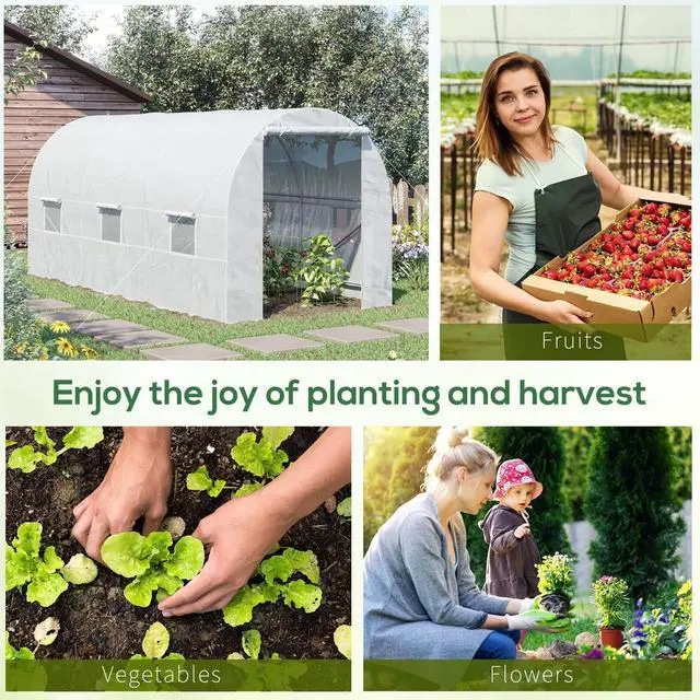 Alt view image 6 of 6 - 15' x 7' x 7' Walk-in Tunnel Greenhouse, Large Garden Hot House Kit with 6 Roll-up Windows & Roll Up Door, Steel Frame, White