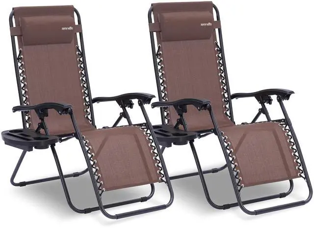 Main image of Outdoor Zero Gravity Lounge Chair Set, 2 Pack Adjustable Recliner Chairs with Cup Holder Side Table and Padded Headrest, Foldable Patio Lawn Chairs, Weather Resistant Design (Brown)
