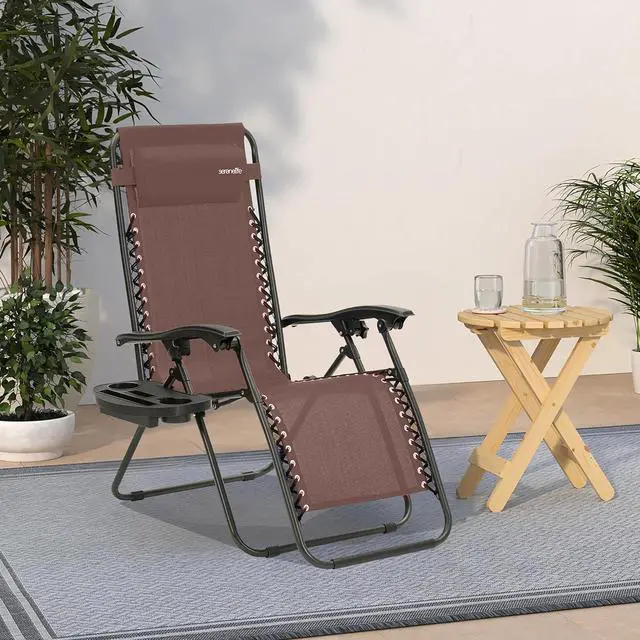 Alt view image 2 of 6 - Outdoor Zero Gravity Lounge Chair Set, 2 Pack Adjustable Recliner Chairs with Cup Holder Side Table and Padded Headrest, Foldable Patio Lawn Chairs, Weather Resistant Design (Brown)