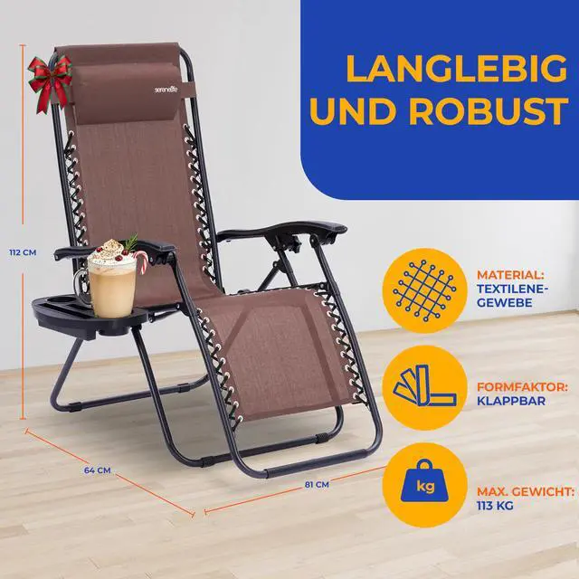 Alt view image 3 of 6 - Outdoor Zero Gravity Lounge Chair Set, 2 Pack Adjustable Recliner Chairs with Cup Holder Side Table and Padded Headrest, Foldable Patio Lawn Chairs, Weather Resistant Design (Brown)