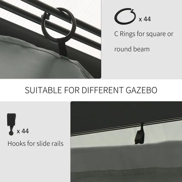 Alt view image 4 of 6 - 10' x 12' Universal Gazebo Sidewall Set with Panels, Hooks and C-Rings Included for Pergolas and Cabanas, Gray