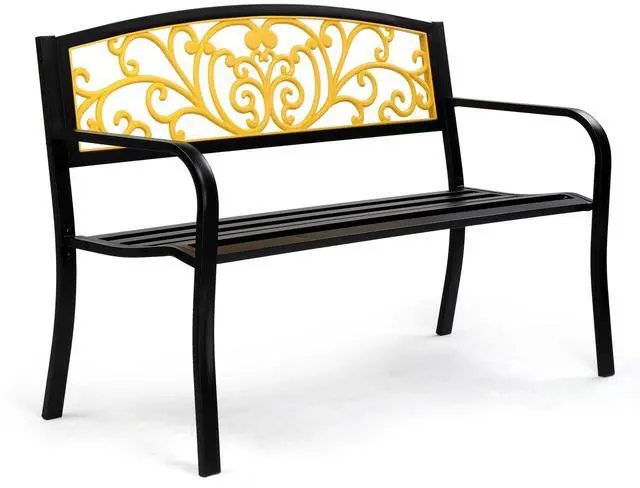 Main image of Outdoor Bench for Patio Metal Garden Bench w/PVC Back Pattern, Black Park Benches Front Porch Benches for Yard Lawn Decor Deck Entryway (Yellow&Black)