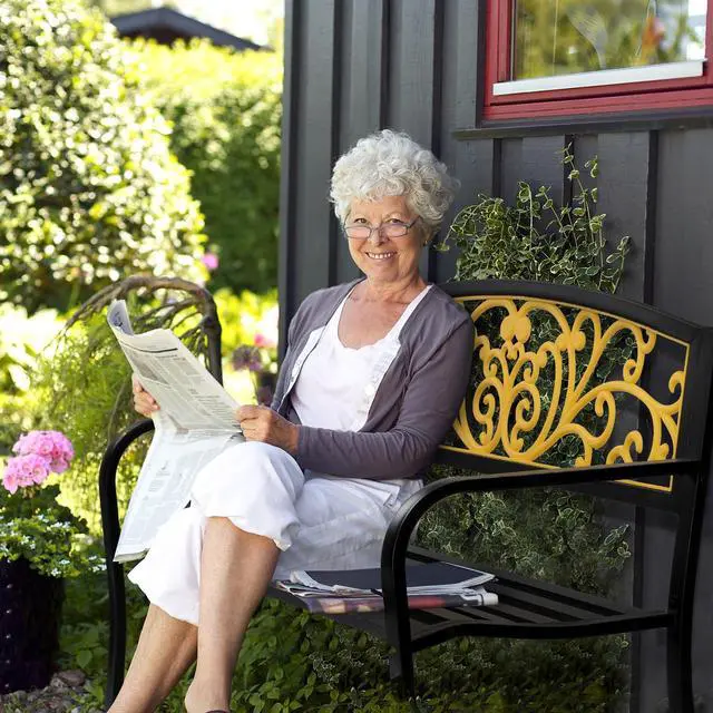 Alt view image 2 of 6 - Outdoor Bench for Patio Metal Garden Bench w/PVC Back Pattern, Black Park Benches Front Porch Benches for Yard Lawn Decor Deck Entryway (Yellow&Black)