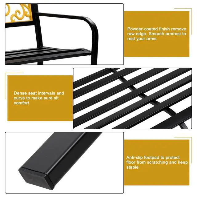 Alt view image 4 of 6 - Outdoor Bench for Patio Metal Garden Bench w/PVC Back Pattern, Black Park Benches Front Porch Benches for Yard Lawn Decor Deck Entryway (Yellow&Black)