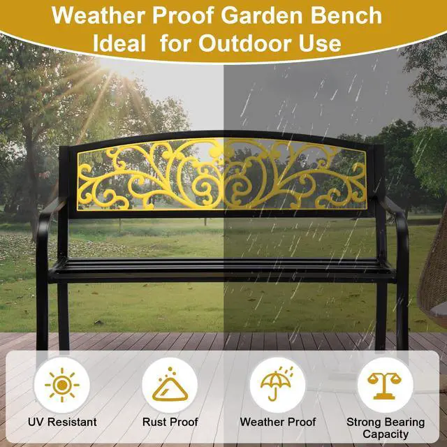Alt view image 5 of 6 - Outdoor Bench for Patio Metal Garden Bench w/PVC Back Pattern, Black Park Benches Front Porch Benches for Yard Lawn Decor Deck Entryway (Yellow&Black)