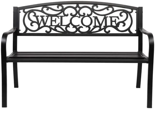 Main image of Outdoor Bench for Patio Metal Garden Bench w/PVC Back Pattern, Black Park Benches Front Porch Benches for Yard Lawn Decor Deck Entryway (Black-Welcome)